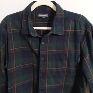 Eddie Bauer Men's Green and Orange Plaid Shirt